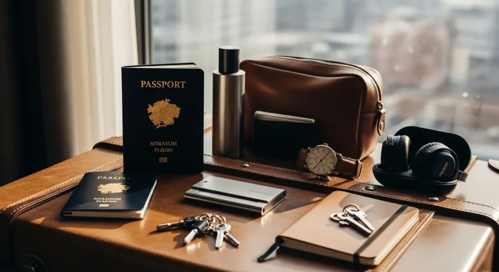 Best affordable luxury travel accessories for men UK - premium leather passport holder, titanium wallet, noise-cancelling headphones arranged on vintage suitcase