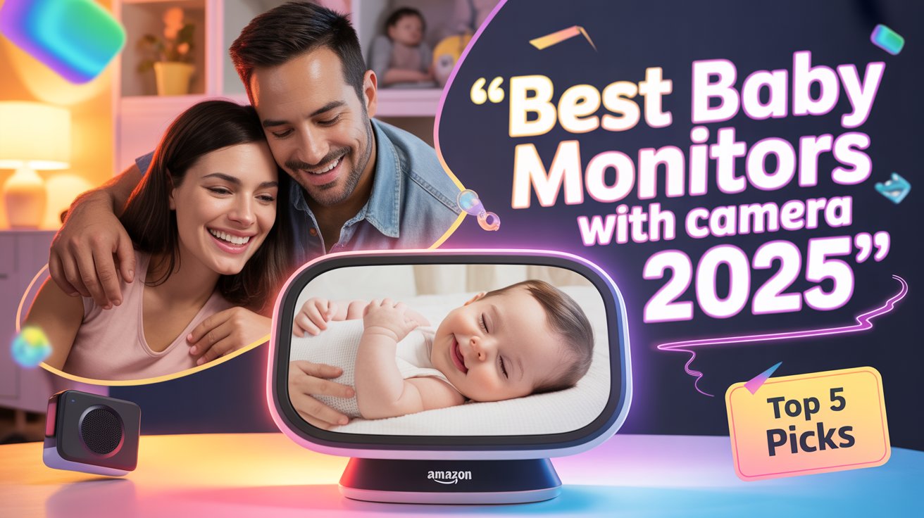 Top 5 best baby monitors with camera 2025 shown on a modern screen with parents watching their baby.