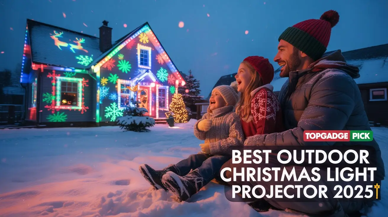 Happy family enjoying holiday lights from a budget outdoor Christmas projector under $50, lighting up their home in the snow