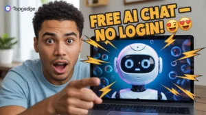 A surprised man pointing at a glowing AI robot on a laptop screen with bold yellow text saying “Free AI Chat – No Login!” and TopGadge logo.