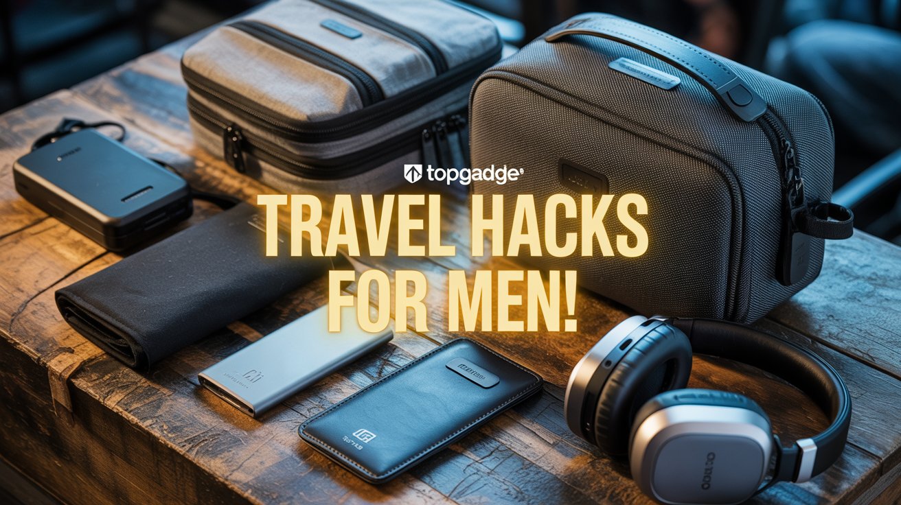 Flat-lay of top travel accessories for men including power bank, RFID wallet, and packing cubes – MrBeast style thumbnail with TopGadge branding