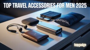 High-quality flat lay of travel accessories for men including power bank, RFID wallet, earbuds, and toiletry bag for 2025 travel.