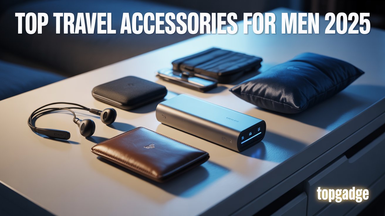 High-quality flat lay of travel accessories for men including power bank, RFID wallet, earbuds, and toiletry bag for 2025 travel.