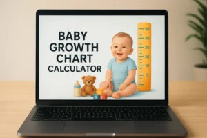 Laptop screen showing a Baby Growth Chart Calculator with a baby, teddy bear, milk bottle, and colourful blocks.
