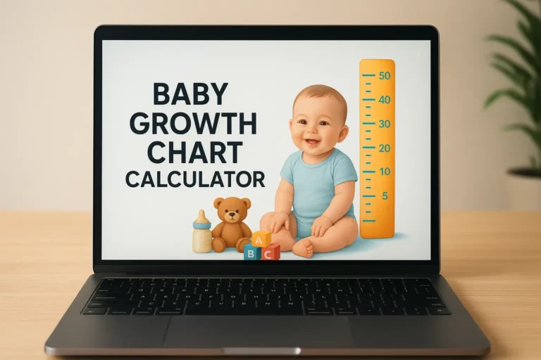 Laptop screen showing a Baby Growth Chart Calculator with a baby, teddy bear, milk bottle, and colourful blocks.