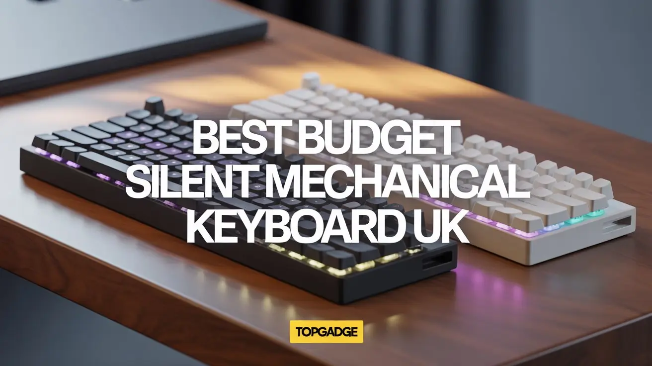 Best Budget Silent Mechanical Keyboard UK – black and white RGB backlit keyboards on a wooden desk with TopGadge branding.