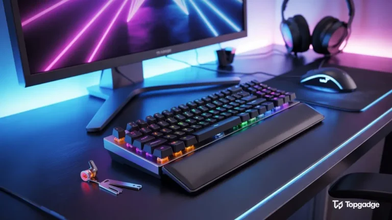 Best budget mechanical keyboard hot swappable on a gaming desk with RGB lighting and TopGadge branding.