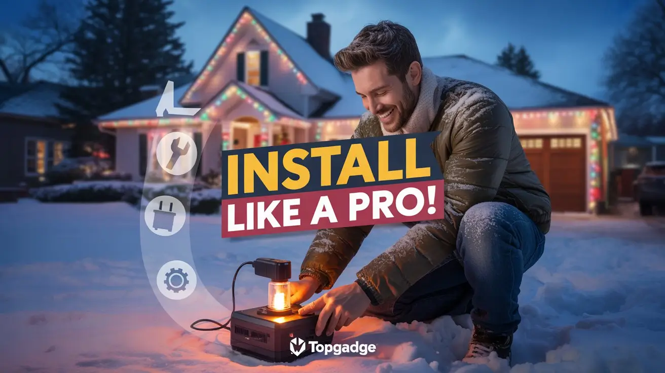 Man demonstrating how to install outdoor Christmas light projectors in the snow with festive background and tool icons.