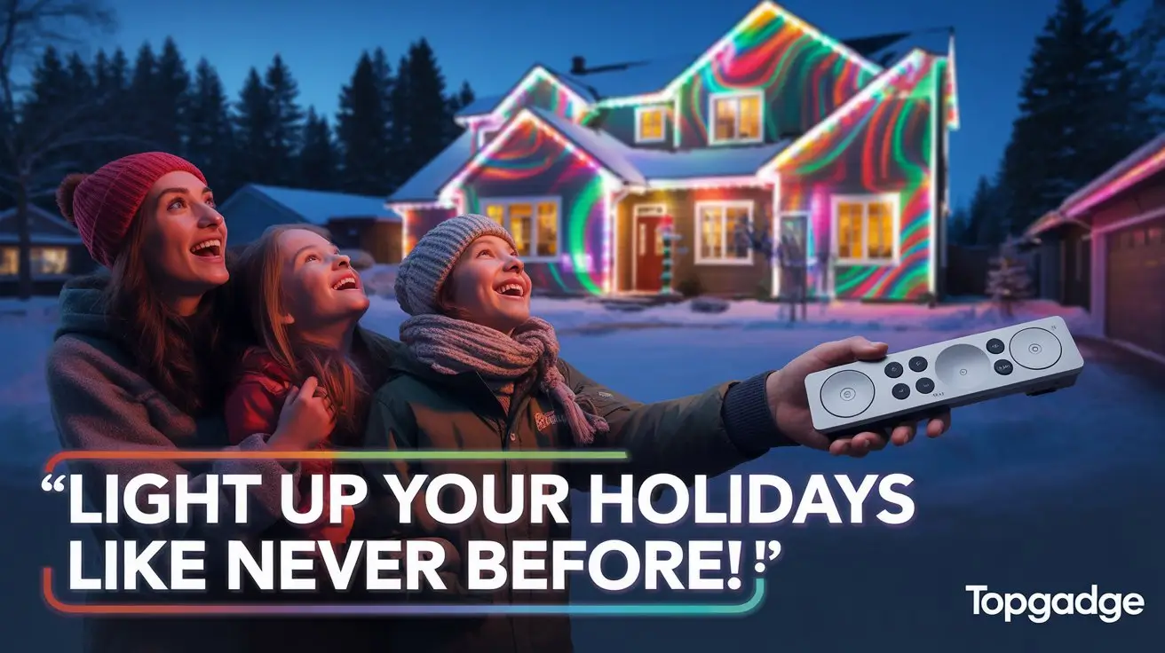 A family watching colorful Christmas lights from an outdoor projector on a snowy night, using a remote control to manage the display.
