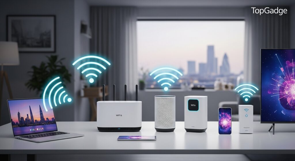 Illustration of top Amazon UK WiFi devices, including router, mesh nodes, and WiFi extender, showing improved connectivity and stable internet, branded with TopGadge.