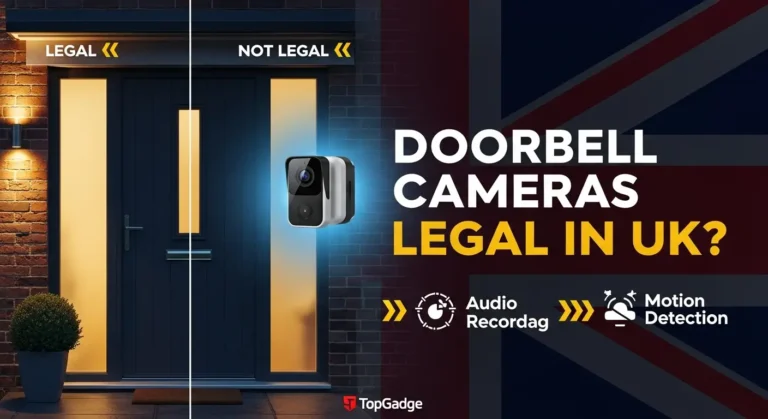 Smart video doorbell showing legal and illegal sides in the UK, highlighting GDPR compliance and privacy rules, branded by TopGadge.