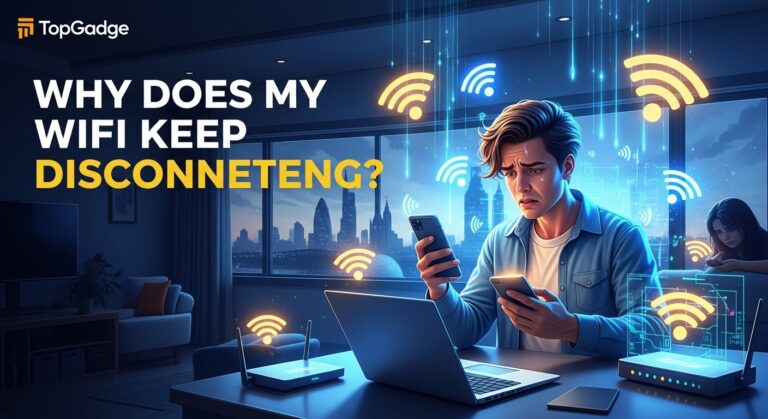Illustration of a frustrated person with dropping WiFi signals in a UK home, showing the problem: Why Does My WiFi Keep Disconnecting, branded with TopGadge.