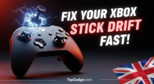 Xbox controller stick drift repair UK – MrBeast-style featured image with TopGadge branding showing joystick drift fix concept