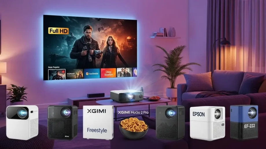Best portable projector for home cinema UK set up in a modern living room displaying a Full HD movie with ambient lighting and cozy seating.