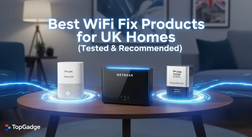 best-wifi-fix-products-uk-homes-topgadge TP-Link Deco S4, NETGEAR Nighthawk AX6, and TP-Link RE650 shown on a table in a UK home with glowing text “Best WiFi Fix Products for UK Homes”, TopGadge branding