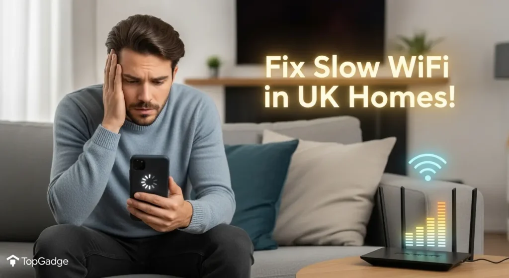 fix-slow-wifi-in-uk-homes-topgadge Frustrated UK homeowner holding smartphone with weak WiFi signal and router in background, text “Fix Slow WiFi in UK Homes”, TopGadge branding.