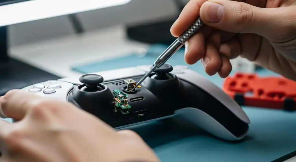 Technician repairing PS5 DualSense controller with tools, demonstrating PS5 controller stick drift repair in Birmingham