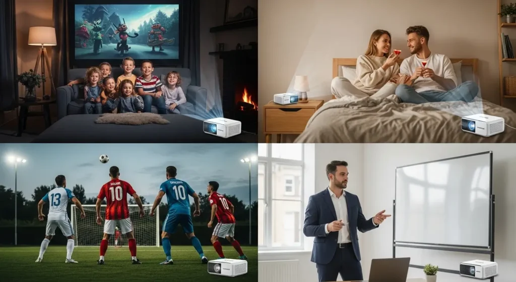 Real-life use cases of portable projector home cinema for family entertainment, date nights, sports viewing and work presentations in UK homes
