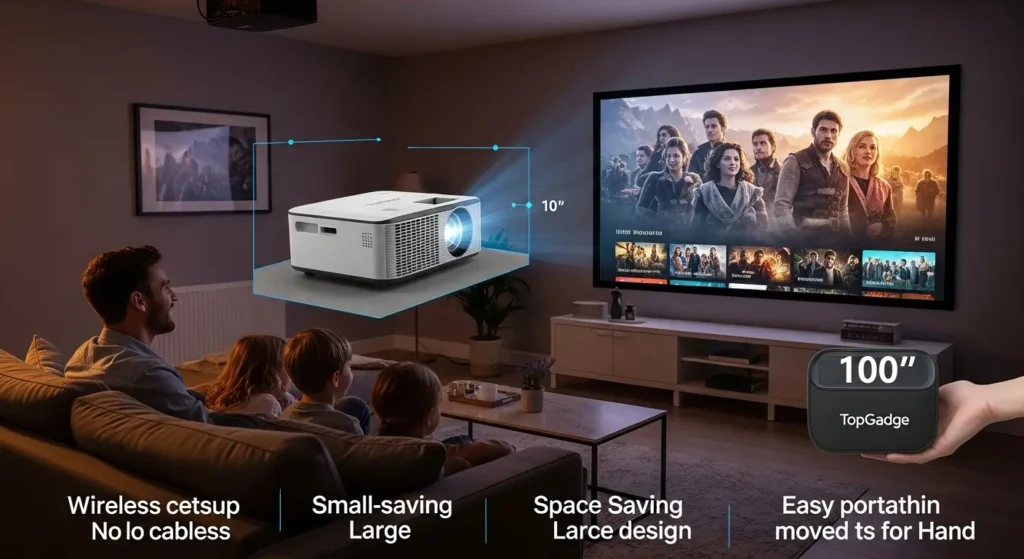 portable projector home cinema setup with large screen movie night in modern UK living room
