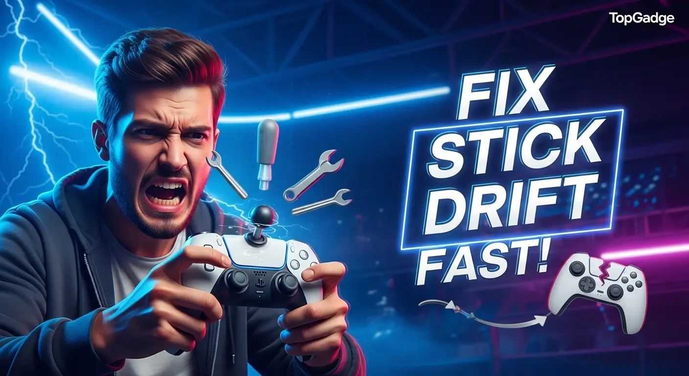 Featured image showing a frustrated gamer holding a PS5 controller with stick drift issues, promotional graphic for PS5 controller stick drift repair in Birmingham