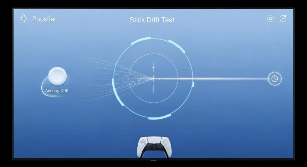 PS5 controller stick drift test screen showing crosshair movement used for diagnosing stick drift in Birmingham
