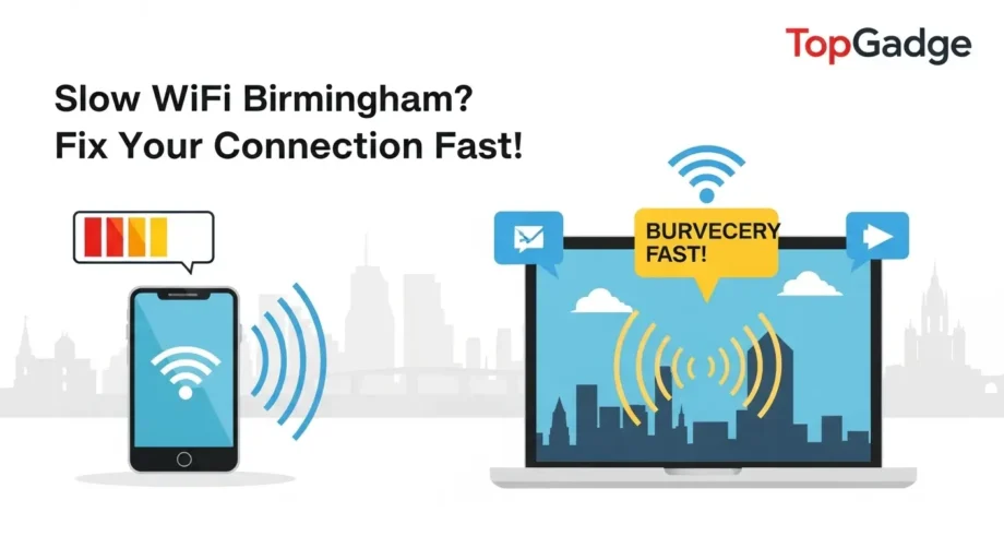 Slow WiFi Birmingham – Laptop and smartphone showing weak WiFi signal with Birmingham skyline background