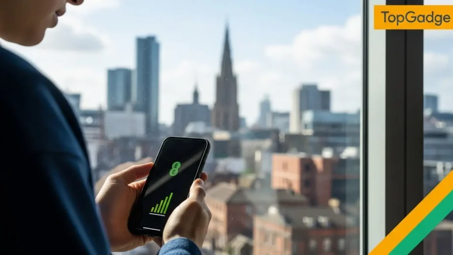 Person checking EE signal problems in Birmingham today on smartphone near window – TopGadge guide to quick fixes.