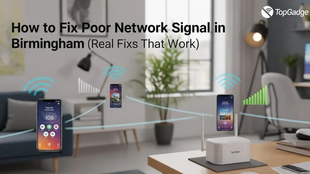 Mobile devices and WiFi boosters improving network signal in a modern Birmingham home, showing fast and stable connectivity.