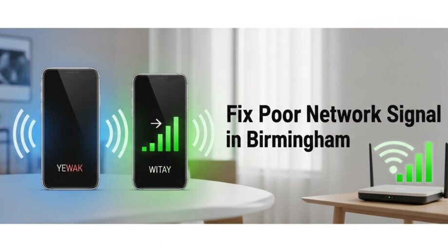 Improving network signal in a modern Birmingham home with mobile devices and WiFi boosters, highlighting enhanced connectivity and fast internet.