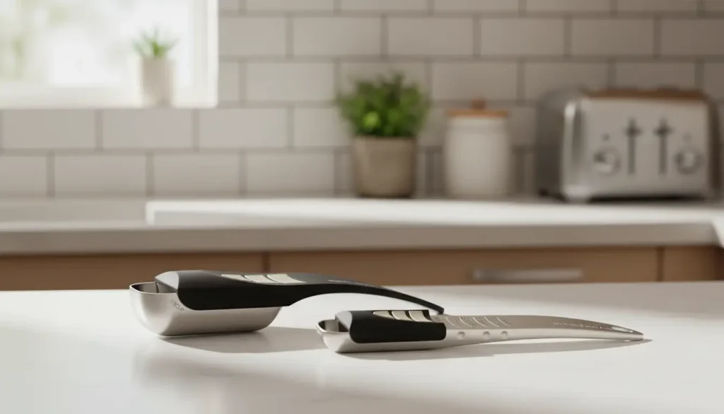 Adjustable measuring spoons from Kitchen Gadgets UK with sliding scale design on kitchen countertop