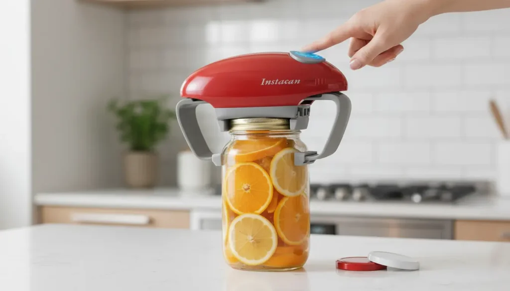 Automatic jar opener from Kitchen Gadgets UK opening a tight lid on glass jar in modern kitchen