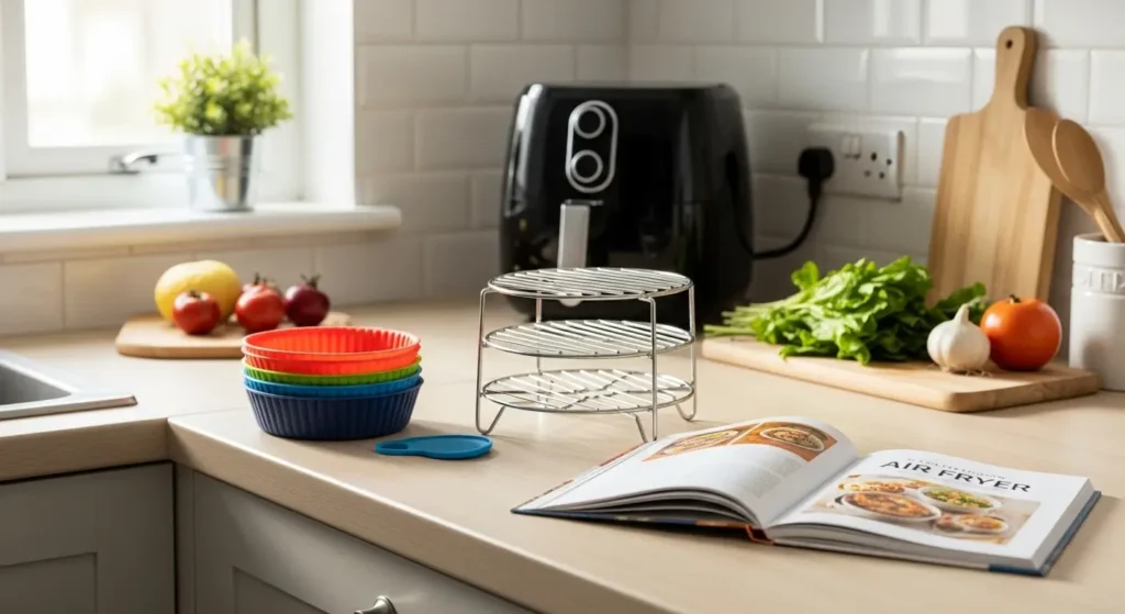 best-air-fryer-accessories-small-kitchen-uk-liners-rack-cookbook Best air fryer accessories for small kitchen UK – silicone liners, stackable rack, and UK edition cookbook on kitchen counter.