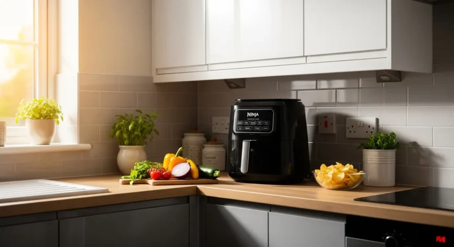 Best air fryer for small kitchen UK – Ninja air fryer on counter with fresh vegetables and chips in modern kitchen.