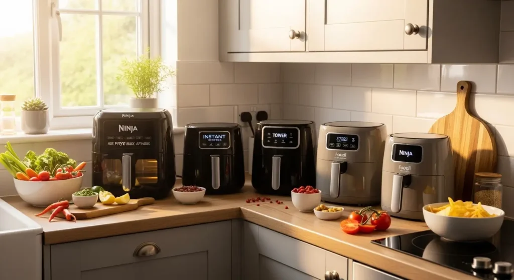 best-air-fryer-small-kitchen-uk-2026-top-5-picks Best air fryer for small kitchen UK – top 5 picks including Ninja MAX, Tower Vortx, Instant Vortex Mini, Ninja Foodi Dual Zone, and Tower 1 Litre on kitchen counter.