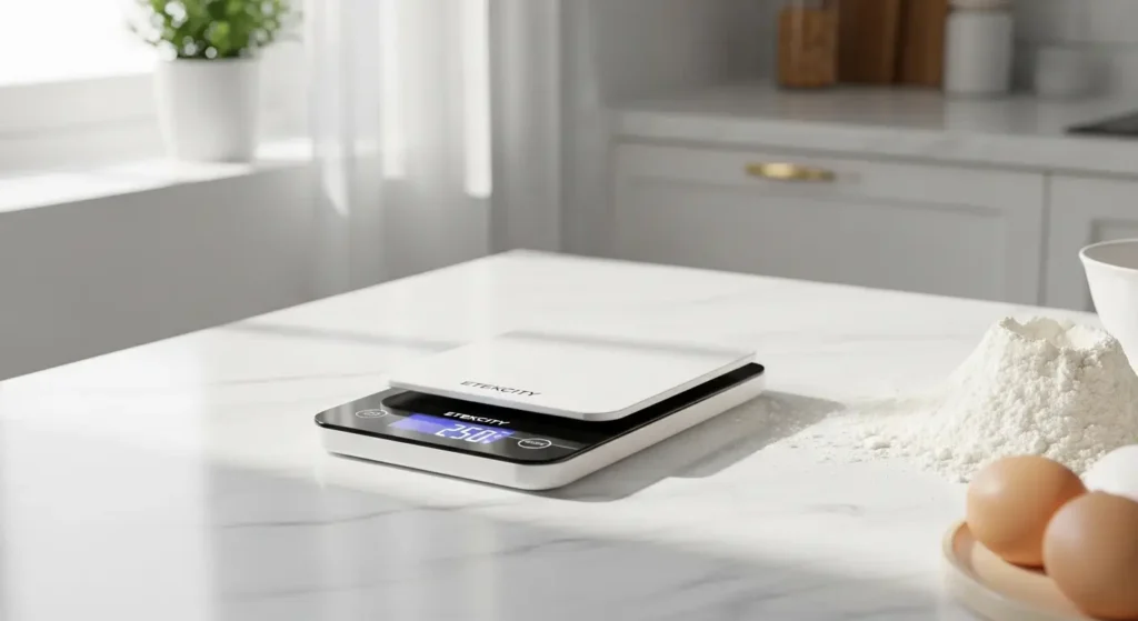 etekcity-compact-digital-kitchen-scale-slim-kitchen-gadgets-small-spaces-birmingham Etekcity compact digital kitchen scale slim design – best kitchen gadgets for small spaces Birmingham. Ultra-slim 1.5cm profile on marble counter with flour dusting and eggs.