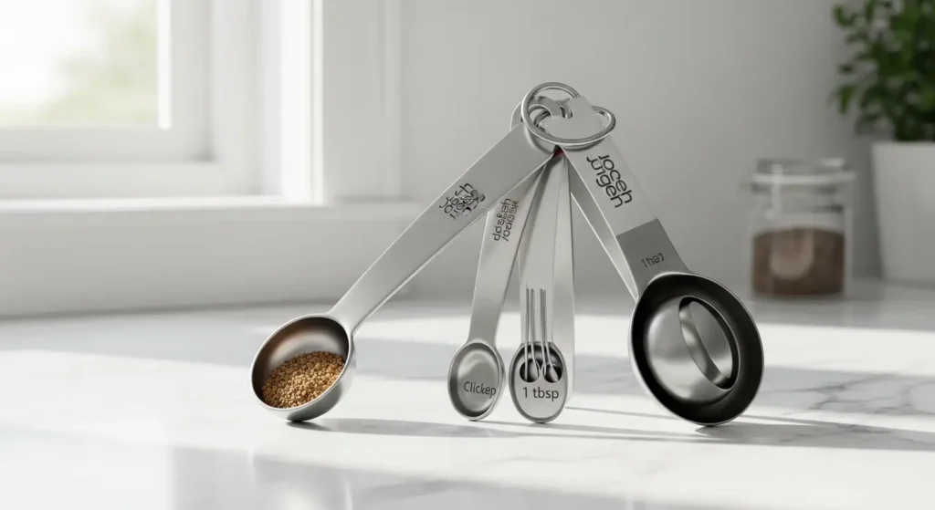 joseph-joseph-adjustable-measuring-spoons-kitchen-gadgets-small-spaces-birmingham Joseph Joseph adjustable measuring spoons – best kitchen gadgets for small spaces Birmingham. Click mechanism showing 1 tbsp size on marble counter.