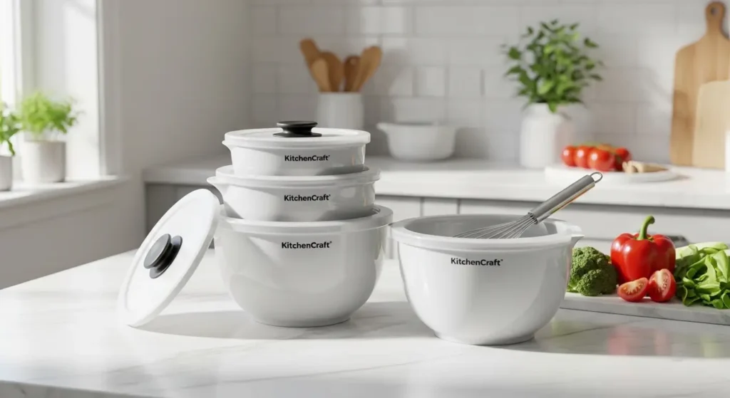 kitchencraft-stackable-mixing-bowls-with-lids-kitchen-gadgets-small-spaces-birmingham KitchenCraft stackable mixing bowls with lids 3-piece set – best kitchen gadgets for small spaces Birmingham. Bowls nested, lids stacked, whisk in one bowl with fresh vegetables.