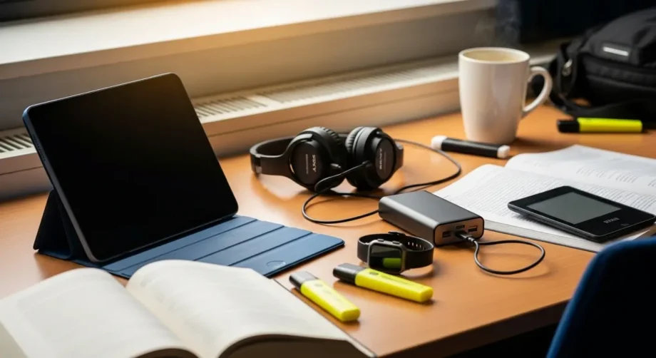 Best gadgets for university students UK – iPad Air M3, Sony headphones, Charmast power bank, Fitbit Inspire HR, Kindle Paperwhite on desk in library.