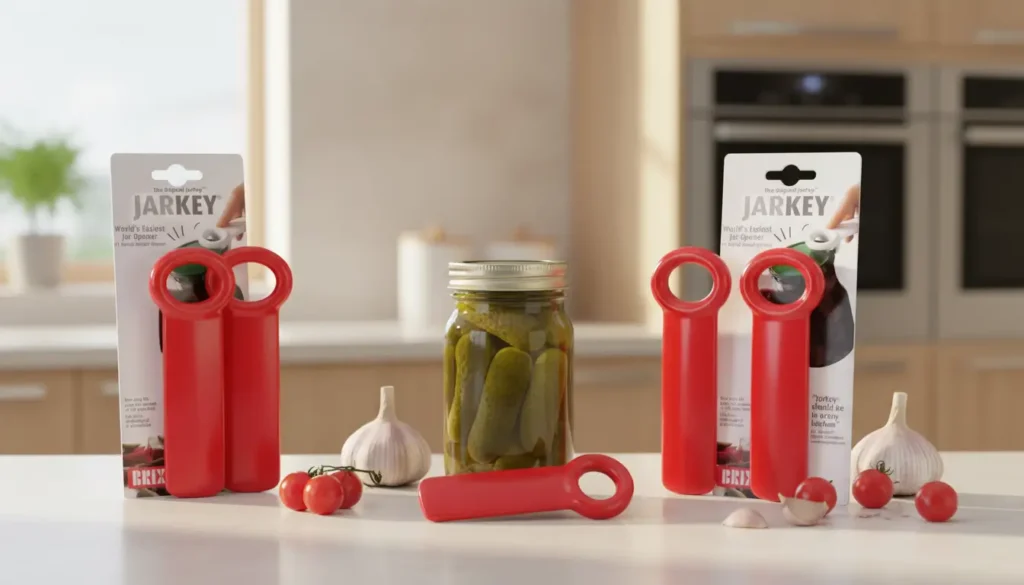 Brix JarKey red jar opener – best jar openers for UK kitchens, simple lift design for arthritis sufferers.