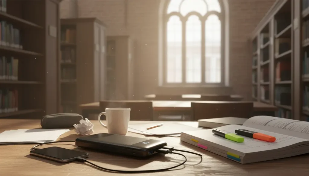 Charmast power bank with built-in cables LED display on student desk in UK university library.