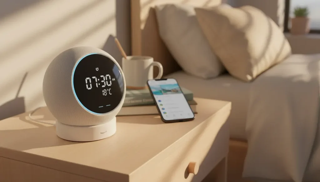echo-dot-5th-gen-student-uk Echo Dot 5th Gen with clock and battery base for students UK — Alexa smart speaker on bedside table.