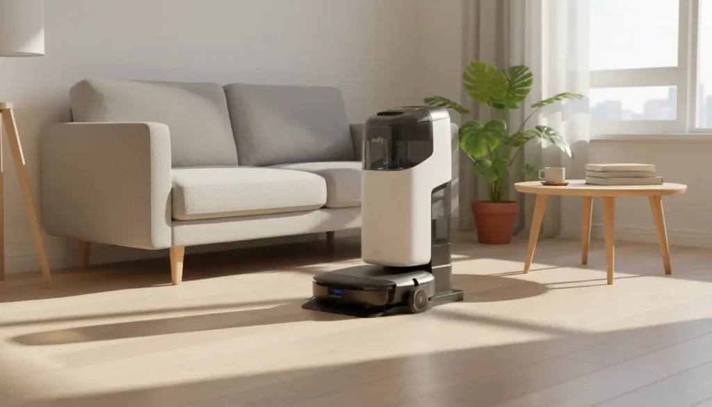 eufy-omni-s1-pro-robot-vacuum-student-uk eufy Omni S1 Pro robot vacuum for students UK — self-emptying, mopping, auto washing dock in student flat.