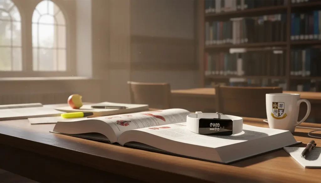 Fitbit Inspire HR fitness tracker white black on student desk in UK university library with textbook.