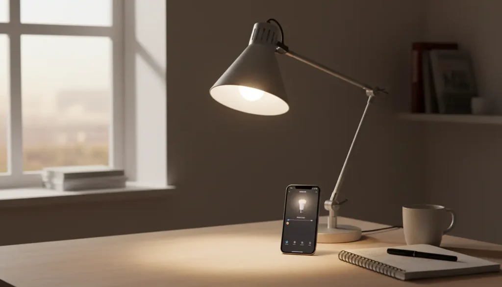 philips-hue-white-smart-bulb-student-uk Philips Hue white smart bulb for students UK — warm light on study desk, app control, adjustable brightness.