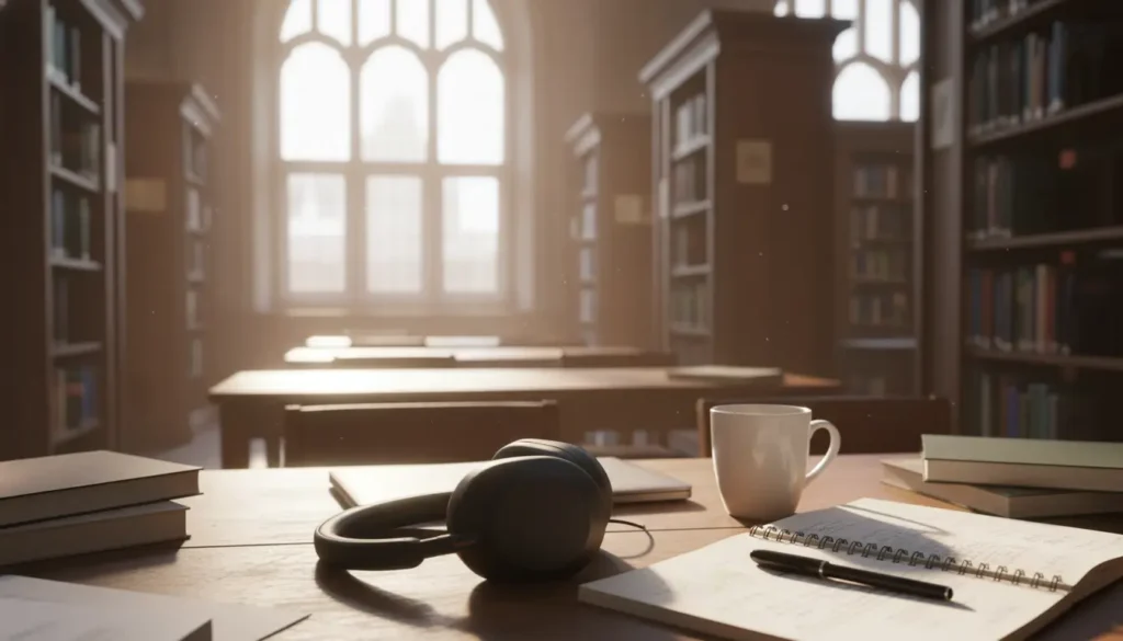 Sony WH-1000XM5 noise cancelling headphones black on student desk in UK university library.