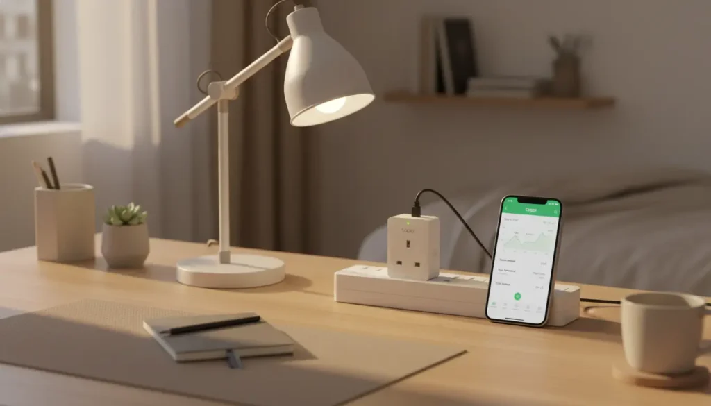tp-link-tapo-p100-smart-plug-student-uk TP-Link Tapo P100 smart plug for students UK — connected to desk lamp, app control visible, energy saving smart plug.