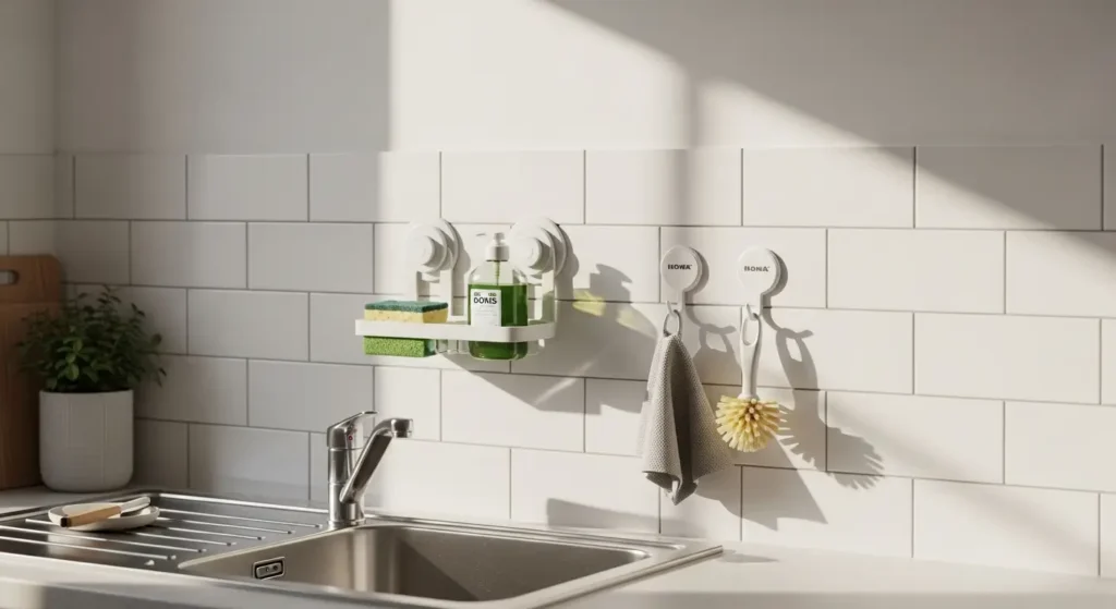 Use vertical wall space for kitchen organisation in small Birmingham flats – IKEA ÖBONÄS suction shelf and hooks above sink.