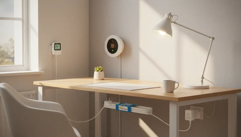 Best energy saving smart home gadgets UK 2026 — Tapo smart plug, Meross power strip, Google Nest Thermostat E, Tapo smart bulb, Energenie power meter in modern UK home.