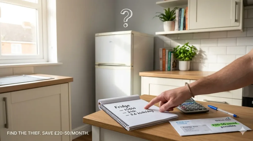 Free energy saving hack for renters UK — energy audit notebook showing fridge wattage, calculator, question mark over old fridge.