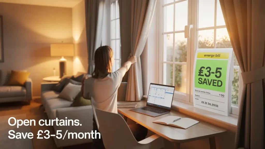 Free energy saving hack for renters UK — opening curtains to let natural light in, lamp turned off, desk near window.